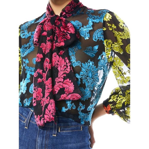 NWT Alice + Olivia Jeannie Show Me Love Tie Neck Silk Jacquard Velvet Blouse M - Picture 3 of 16